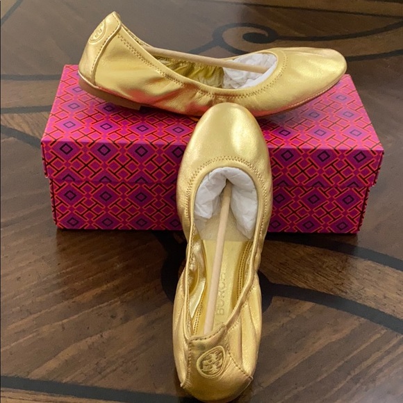 Brand New Tory Burch Eddie Ballet Soft Lamb , Gold # 10.5 - Picture 2 of 9